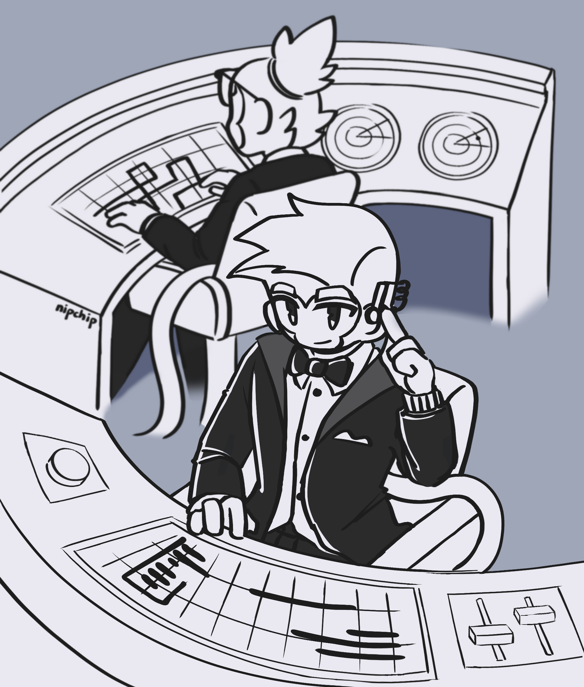 Jericho sitting at a COBRA command center desk, one hand at his earpiece. In the back is Kira sitting at another desk.
